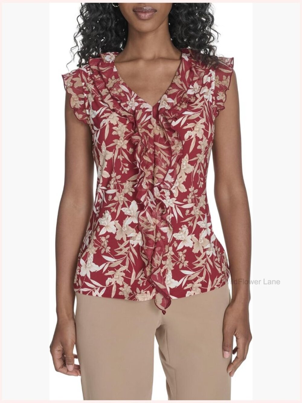 Sleeveless V-Neck Mixed Media Ruffle Blouse with Pockets